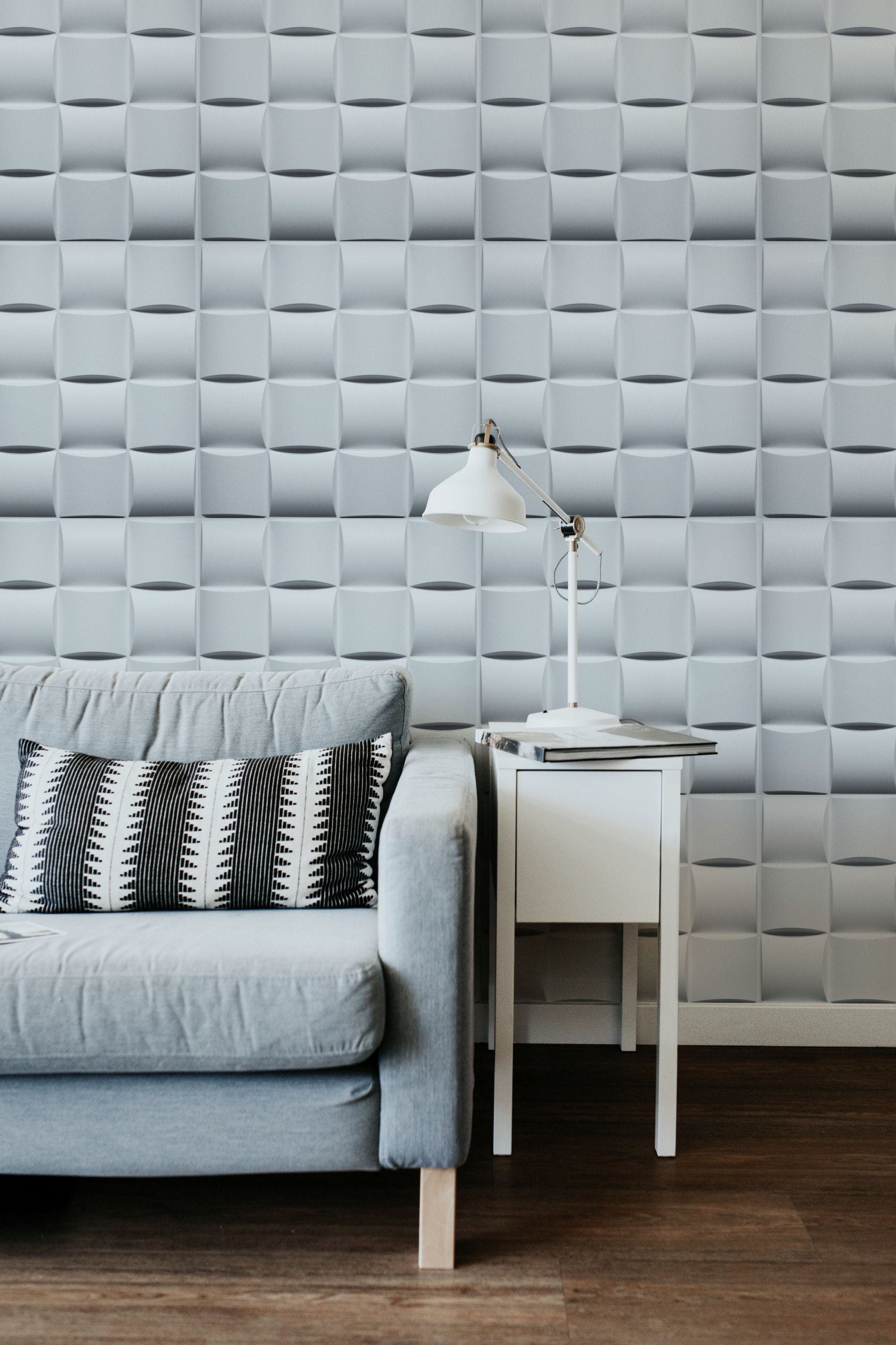 3D Wall Panels - Modern Checkered Paintable White PVC Wall Paneling for Interior Wall Decor, 19.7 in x 19.7 in, Covers 2.7 sq. ft. - Single