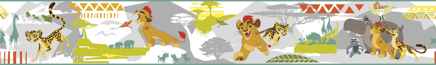 Prepasted Wallpaper Border - Kids Animals Green, Yellow, Grey, Brown Wall Border Retro Design, Roll 15 ft X 9 in (4.57m X 22.86cm)