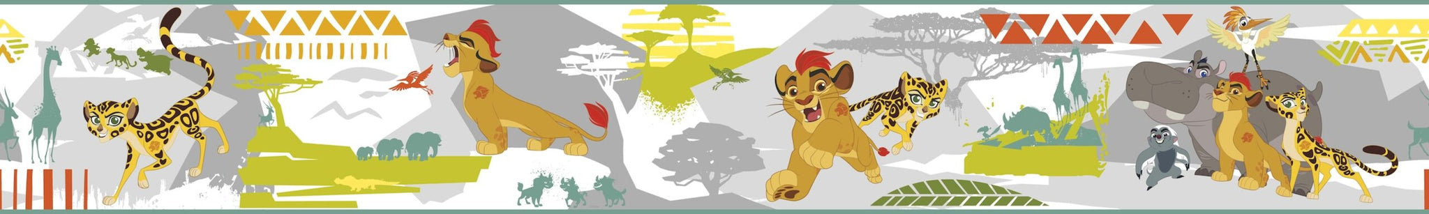 Prepasted Wallpaper Border - Kids Animals Green, Yellow, Grey, Brown Wall Border Retro Design, Roll 15 ft X 9 in (4.57m X 22.86cm)