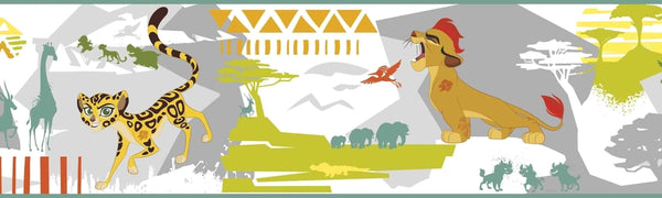 Prepasted Wallpaper Border - Kids Animals Green, Yellow, Grey, Brown Wall Border Retro Design, Roll 15 ft X 9 in (4.57m X 22.86cm)