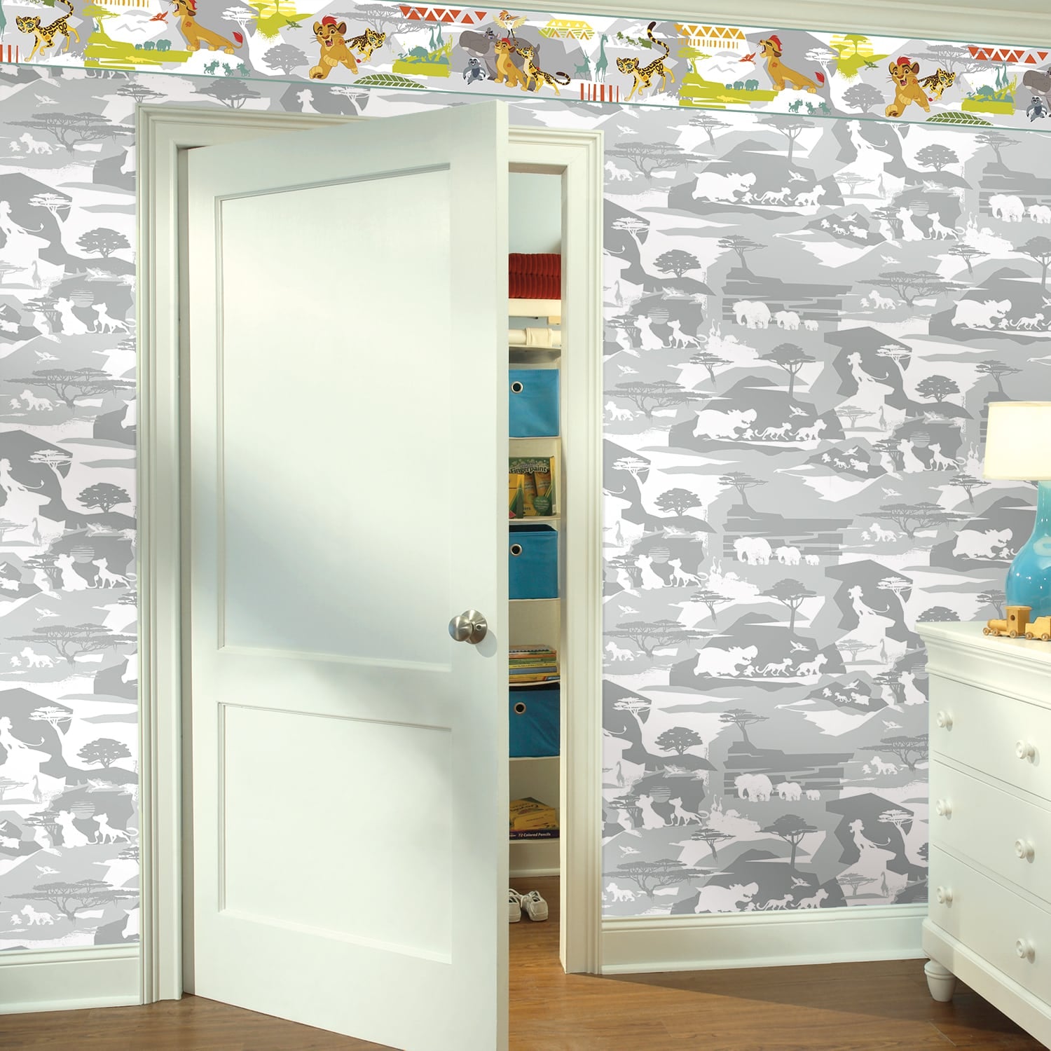 Prepasted Wallpaper Border - Kids Animals Green, Yellow, Grey, Brown Wall Border Retro Design, Roll 15 ft X 9 in (4.57m X 22.86cm)