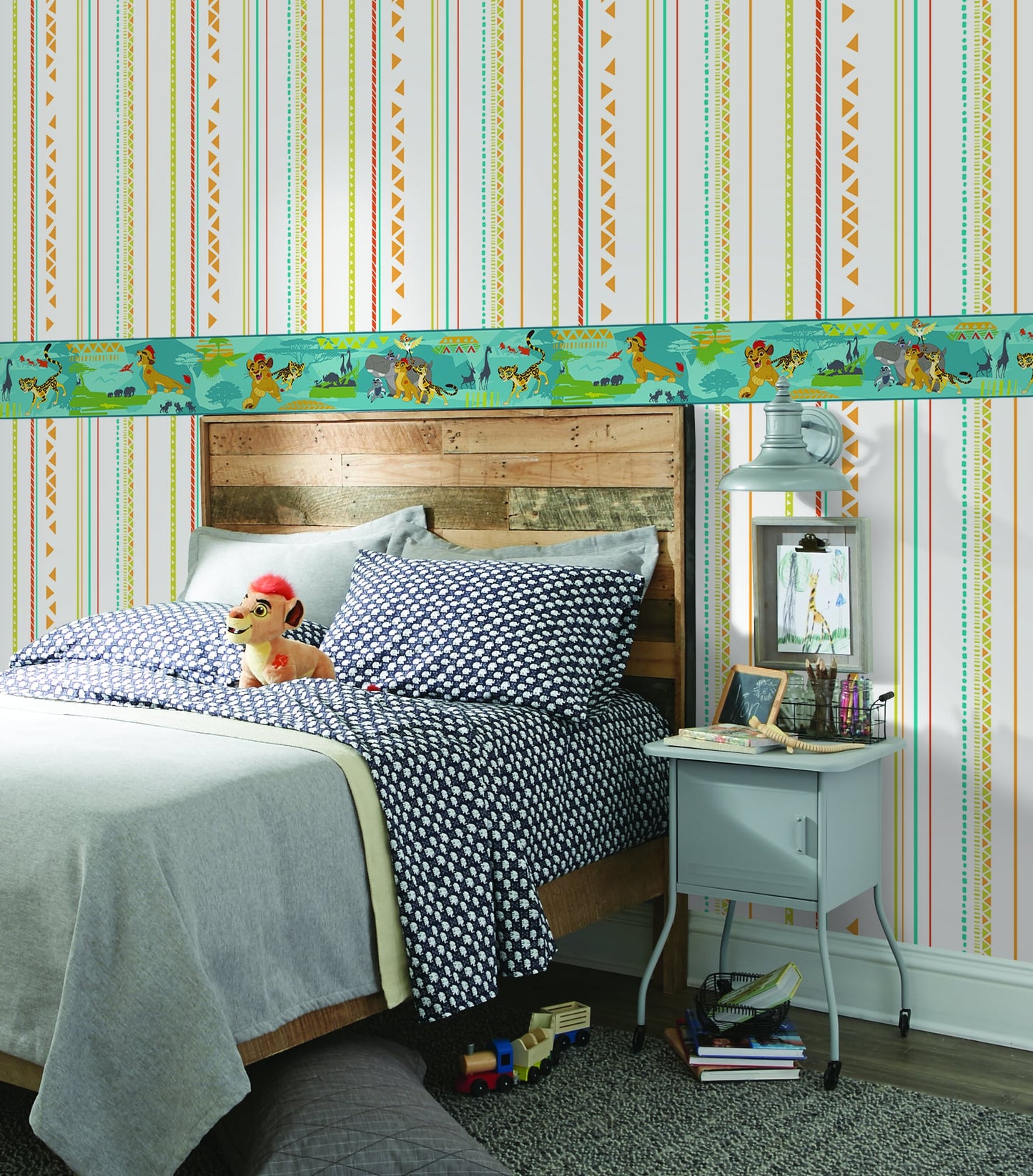 Prepasted Wallpaper Border - Kids Animals Yellow, Green, Red, Blue Wall Border Retro Design, Roll 15 ft X 9 in (4.57m X 22.86cm)