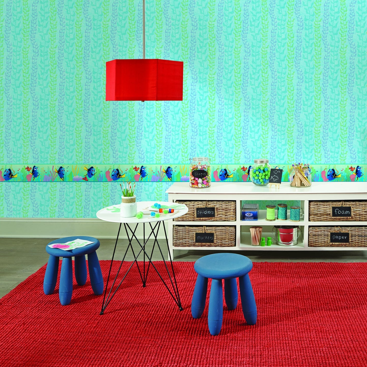 Prepasted Wallpaper Border - Kids Sea World Blue, Green, Yellow, Purple Wall Border Retro Design, Roll 15 ft X 6 in (4.57m X 15.24cm)