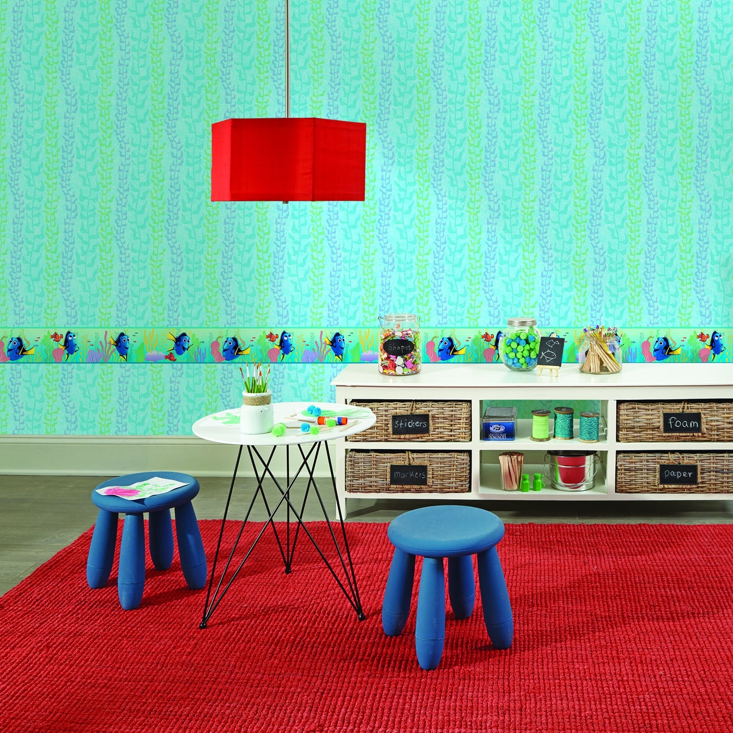 Prepasted Wallpaper Border - Kids Sea World Blue, Green, Yellow, Purple Wall Border Retro Design, Roll 15 ft X 6 in (4.57m X 15.24cm)