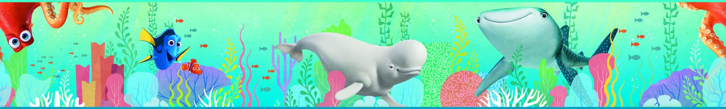 Prepasted Wallpaper Border - Kids Sea World Blue, Green, White, Yellow Wall Border Retro Design, Roll 15 ft X 9 in (4.57m X 22.86cm)