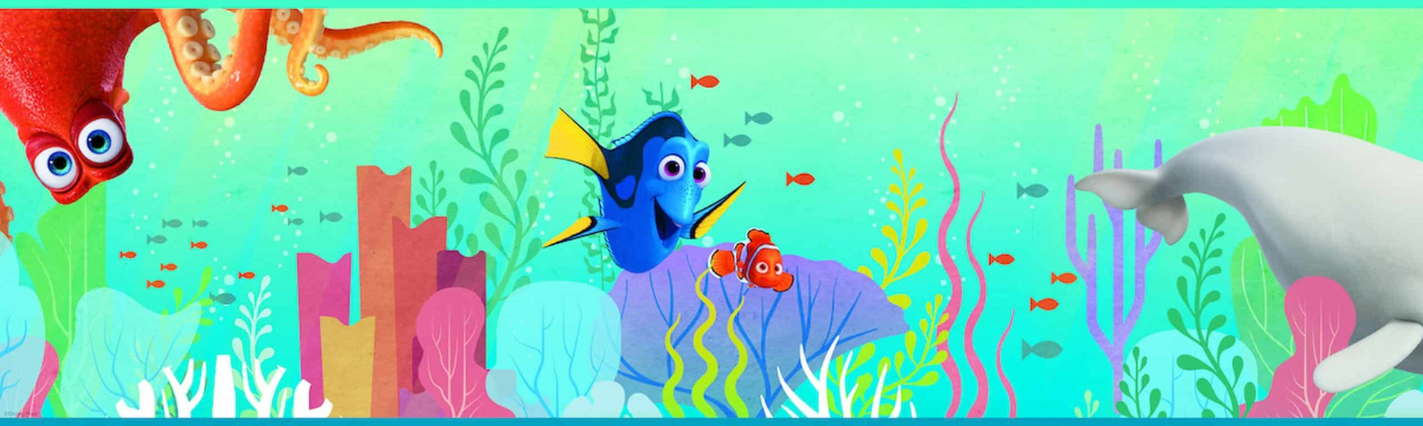 Prepasted Wallpaper Border - Kids Sea World Blue, Green, White, Yellow Wall Border Retro Design, Roll 15 ft X 9 in (4.57m X 22.86cm)