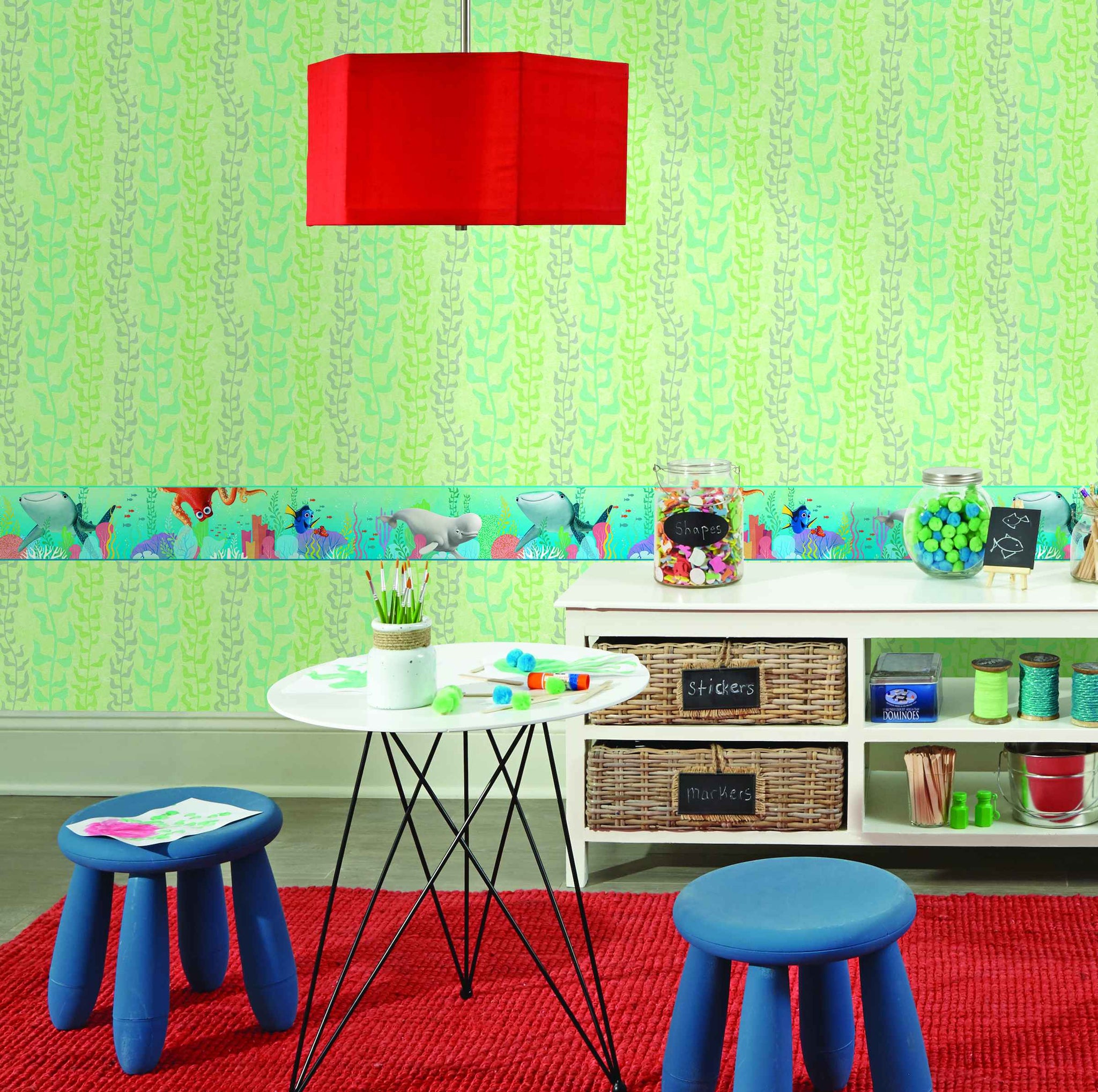 Prepasted Wallpaper Border - Kids Sea World Blue, Green, White, Yellow Wall Border Retro Design, Roll 15 ft X 9 in (4.57m X 22.86cm)