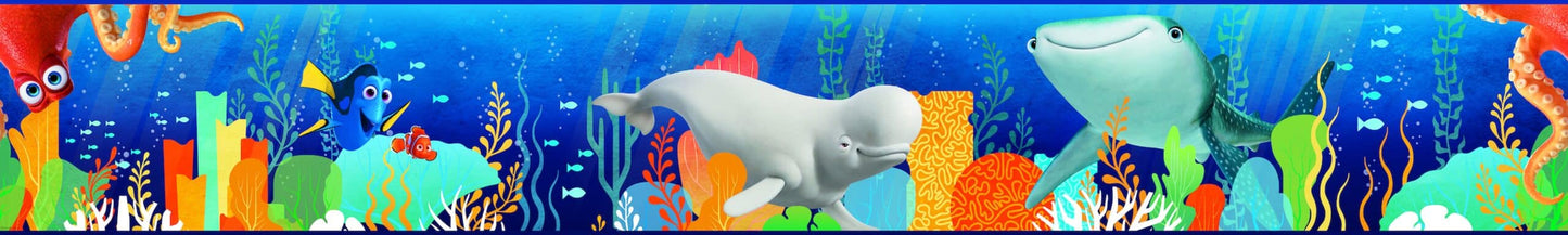 Prepasted Wallpaper Border - Kids Sea World Blue, Green, Yellow, White Wall Border Retro Design, Roll 15 ft X 9 in (4.57m X 22.86cm)