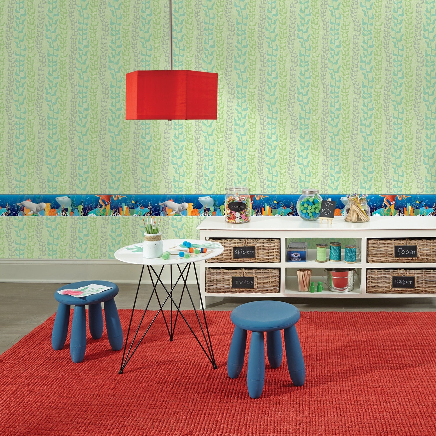 Prepasted Wallpaper Border - Kids Sea World Blue, Green, Yellow, White Wall Border Retro Design, Roll 15 ft X 9 in (4.57m X 22.86cm)