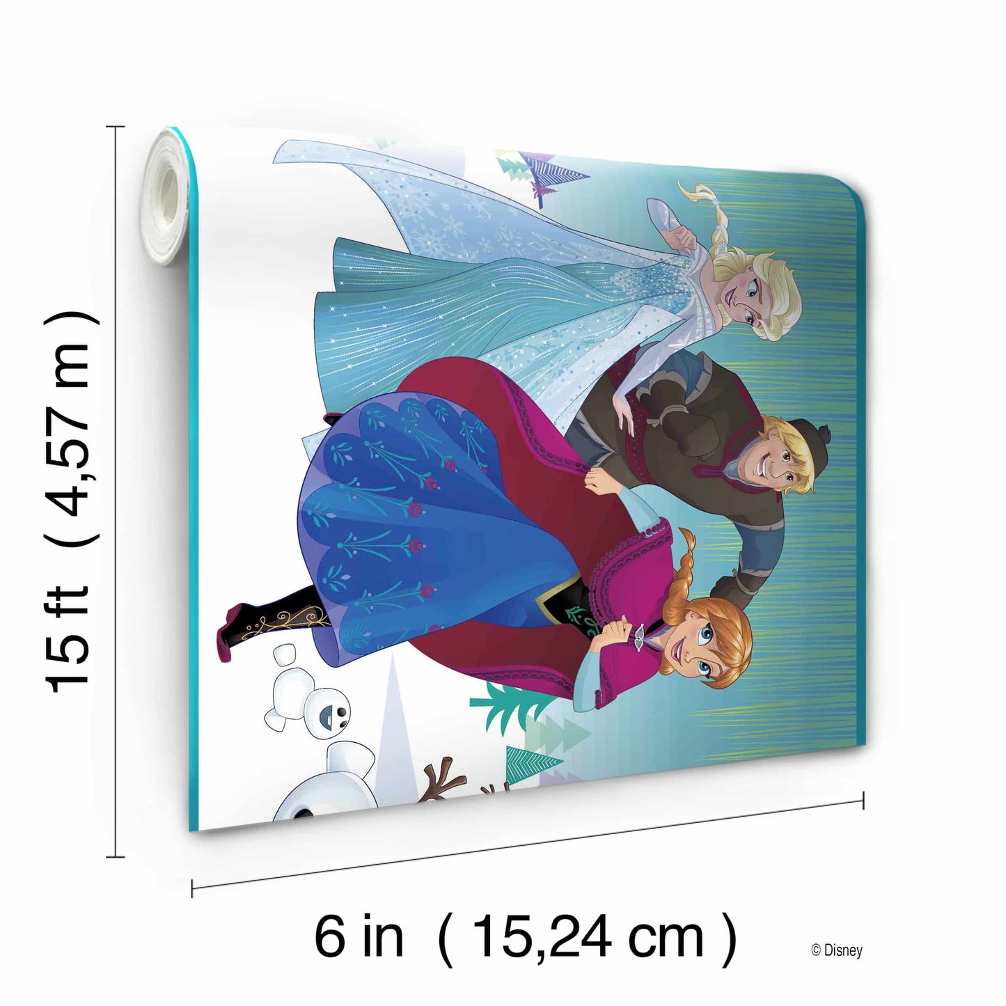 Prepasted Wallpaper Border - Kids Elsa, Anna, Olaf Blue, White, Green Wall Border Retro Design, Roll 15 ft X 9 in (4.57m X 22.86cm)