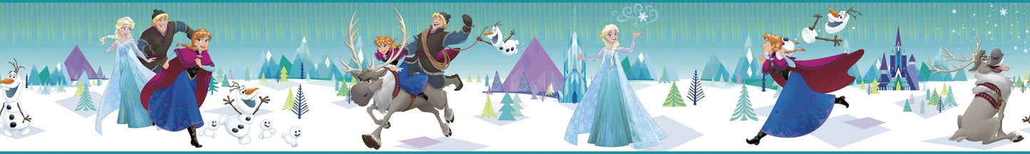 Prepasted Wallpaper Border - Kids Elsa, Anna, Olaf Blue, White, Green Wall Border Retro Design, Roll 15 ft X 9 in (4.57m X 22.86cm)