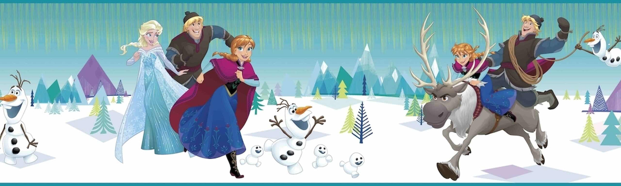 Prepasted Wallpaper Border - Kids Elsa, Anna, Olaf Blue, White, Green Wall Border Retro Design, Roll 15 ft X 9 in (4.57m X 22.86cm)