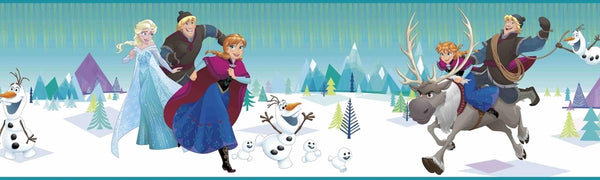 Prepasted Wallpaper Border - Kids Elsa, Anna, Olaf Blue, White, Green Wall Border Retro Design, Roll 15 ft X 9 in (4.57m X 22.86cm)