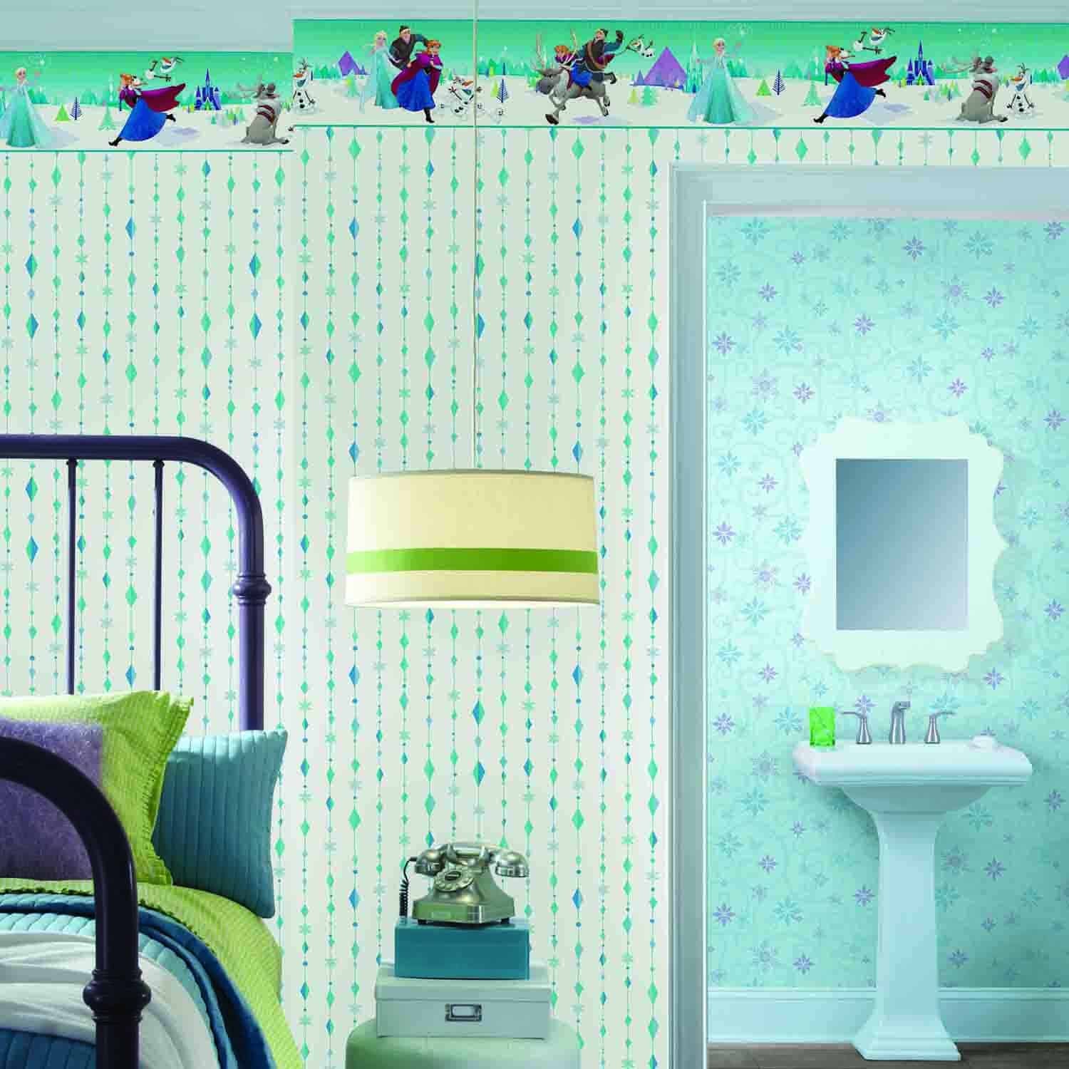 Prepasted Wallpaper Border - Kids Elsa, Anna, Olaf Blue, White, Green Wall Border Retro Design, Roll 15 ft X 9 in (4.57m X 22.86cm)