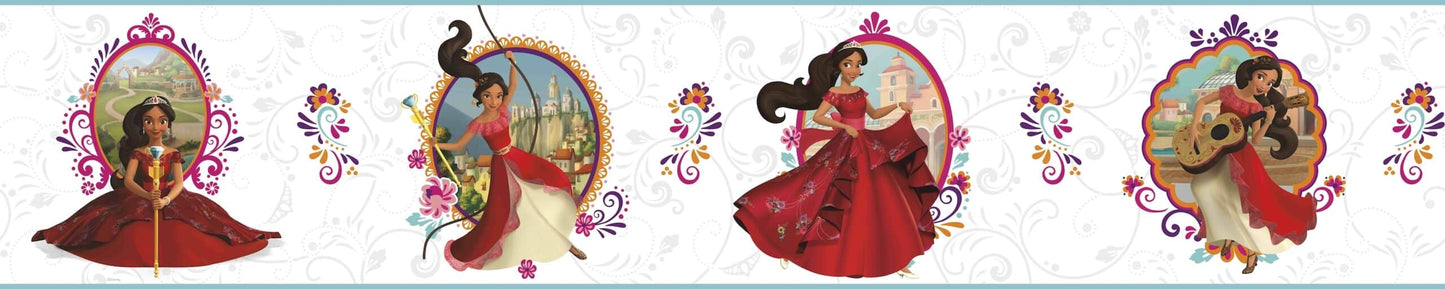 Prepasted Wallpaper Border - Kids Princess Elena Beige, Red, Yellow, Purple Wall Border Retro Design, Roll 15 ft X 9 in (4.57m X 22.86cm)
