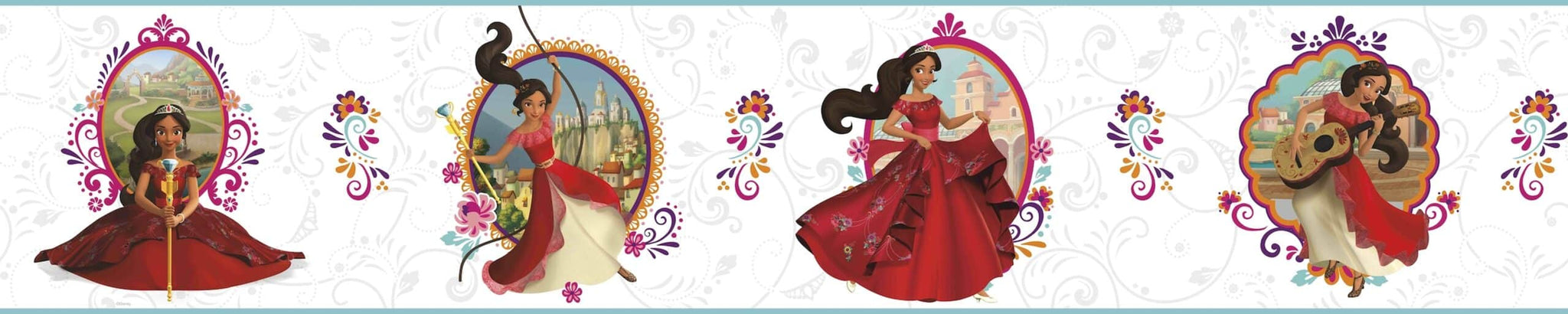 Prepasted Wallpaper Border - Kids Princess Elena Beige, Red, Yellow, Purple Wall Border Retro Design, Roll 15 ft X 9 in (4.57m X 22.86cm)