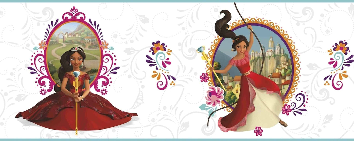 Prepasted Wallpaper Border - Kids Princess Elena Beige, Red, Yellow, Purple Wall Border Retro Design, Roll 15 ft X 9 in (4.57m X 22.86cm)