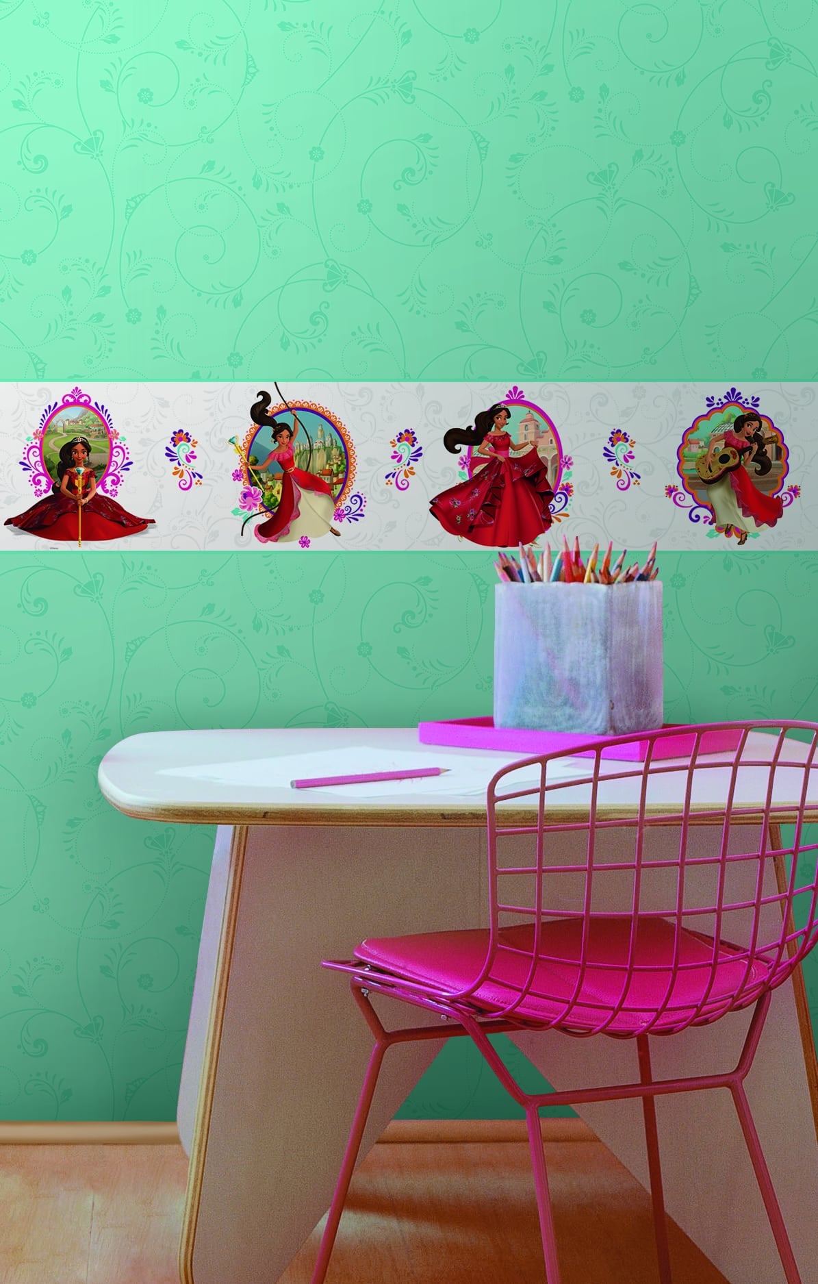 Prepasted Wallpaper Border - Kids Princess Elena Beige, Red, Yellow, Purple Wall Border Retro Design, Roll 15 ft X 9 in (4.57m X 22.86cm)