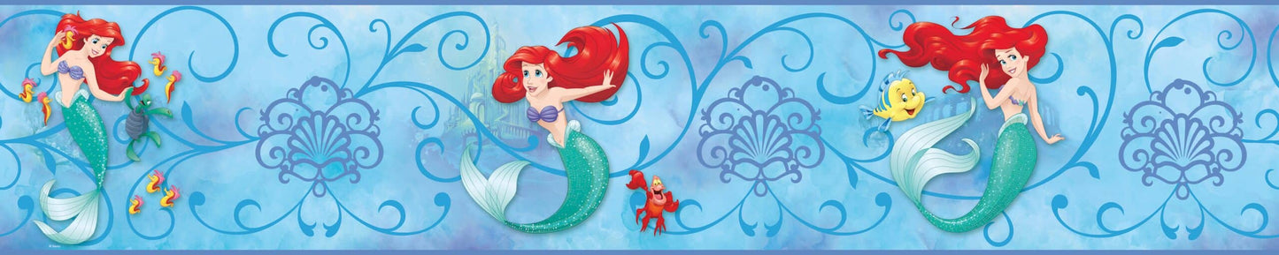 Prepasted Wallpaper Border - Kids Mermaid Blue, Green, Red, Yellow Wall Border Retro Design, Roll 15 ft X 9 in (4.57m X 22.86cm)