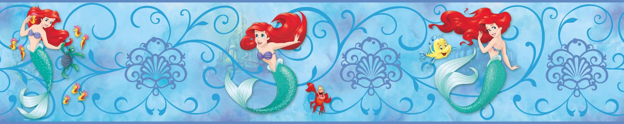 Prepasted Wallpaper Border - Kids Mermaid Blue, Green, Red, Yellow Wall Border Retro Design, Roll 15 ft X 9 in (4.57m X 22.86cm)