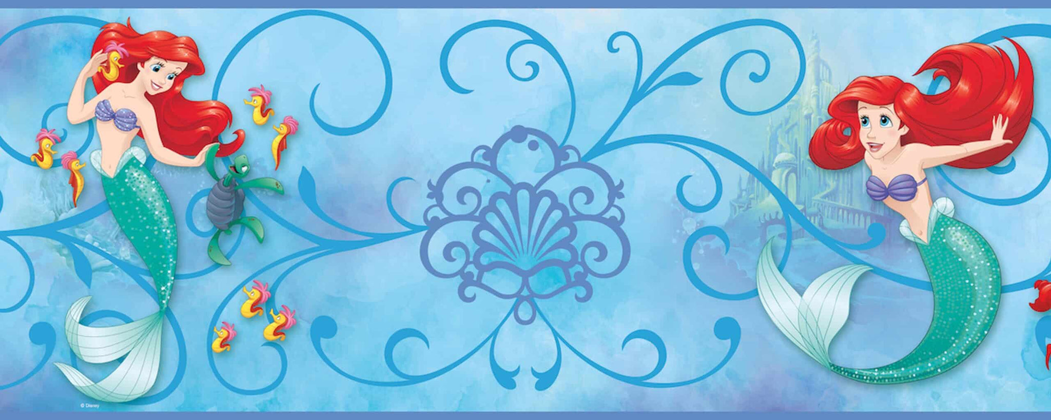 Prepasted Wallpaper Border - Kids Mermaid Blue, Green, Red, Yellow Wall Border Retro Design, Roll 15 ft X 9 in (4.57m X 22.86cm)