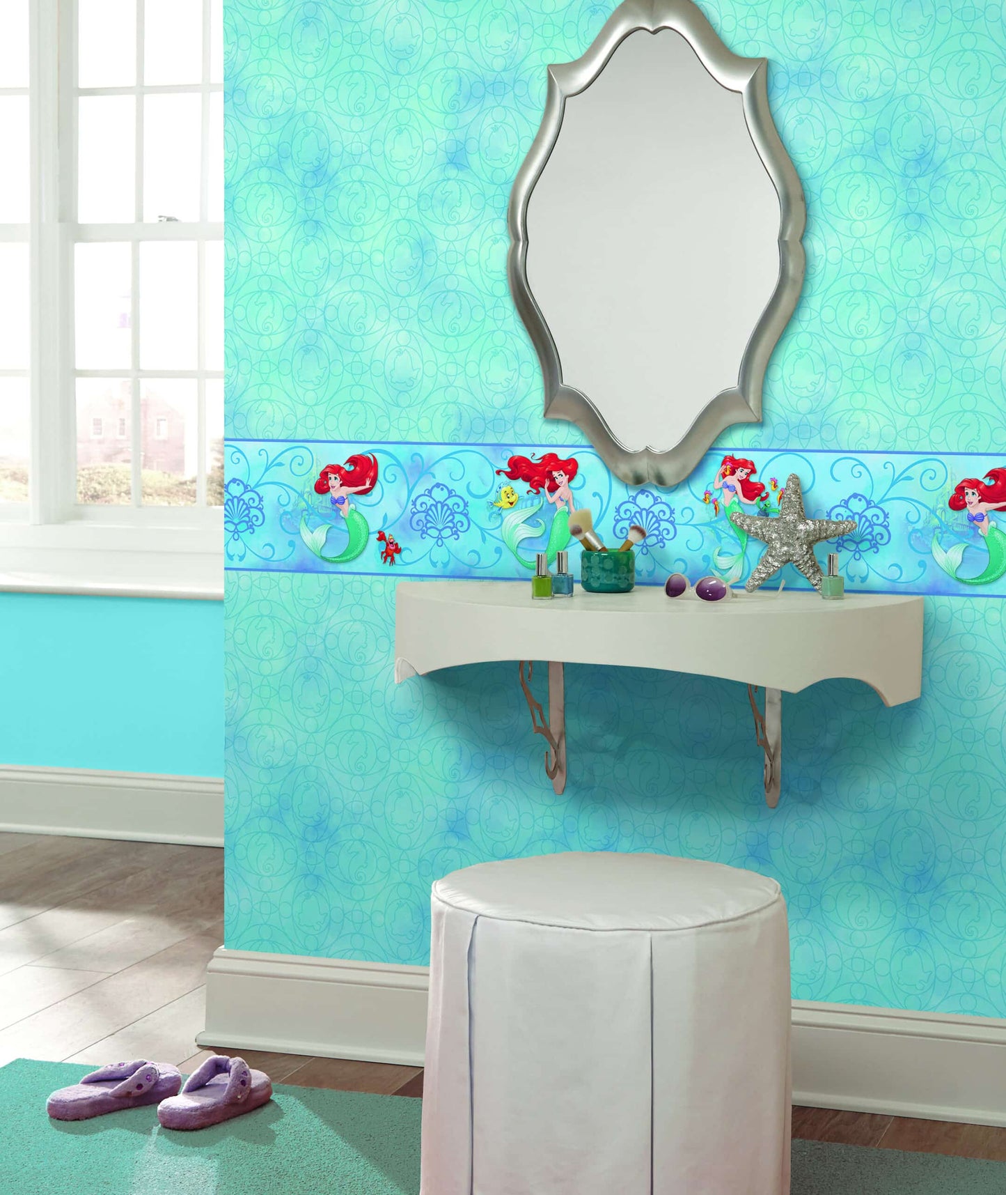 Prepasted Wallpaper Border - Kids Mermaid Blue, Green, Red, Yellow Wall Border Retro Design, Roll 15 ft X 9 in (4.57m X 22.86cm)