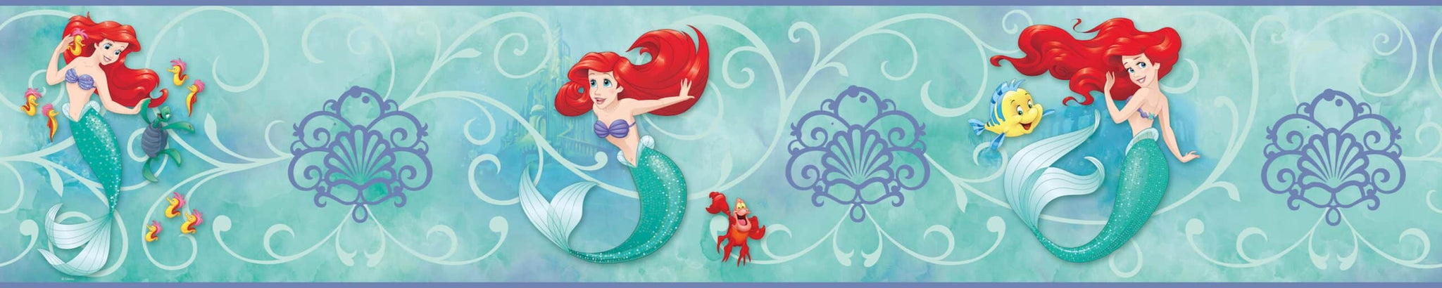 Prepasted Wallpaper Border - Kids Mermaid Blue, Green, Red, Yellow Wall Border Retro Design, Roll 15 ft X 9 in (4.57m X 22.86cm)