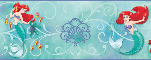 Prepasted Wallpaper Border - Kids Mermaid Blue, Green, Red, Yellow Wall Border Retro Design, Roll 15 ft X 9 in (4.57m X 22.86cm)