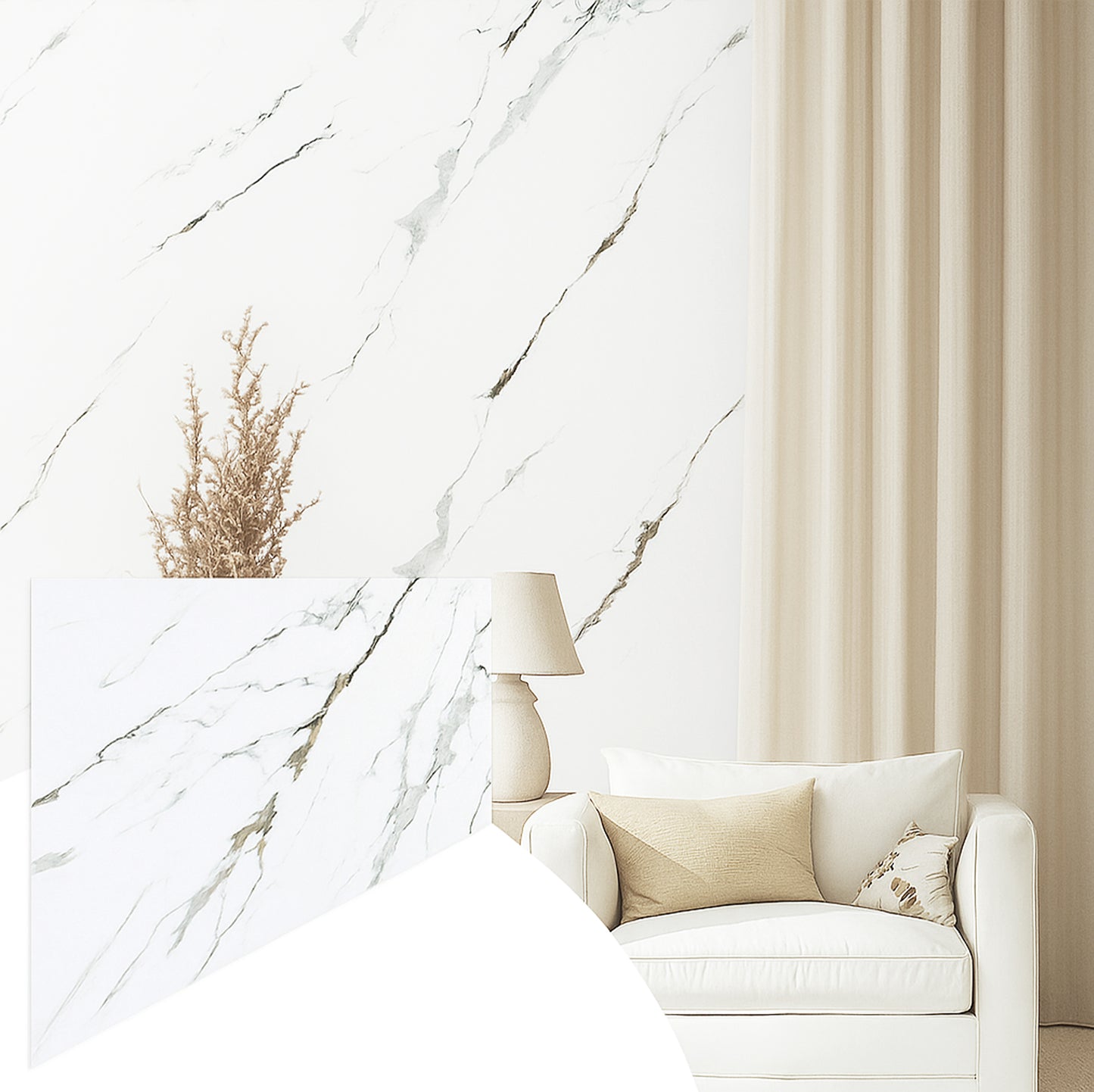Faux Marble Wall Panels - 2 ft X 4 ft - Glossy, Waterproof Indoor Wall Cladding - White, Grey, Tan Veins