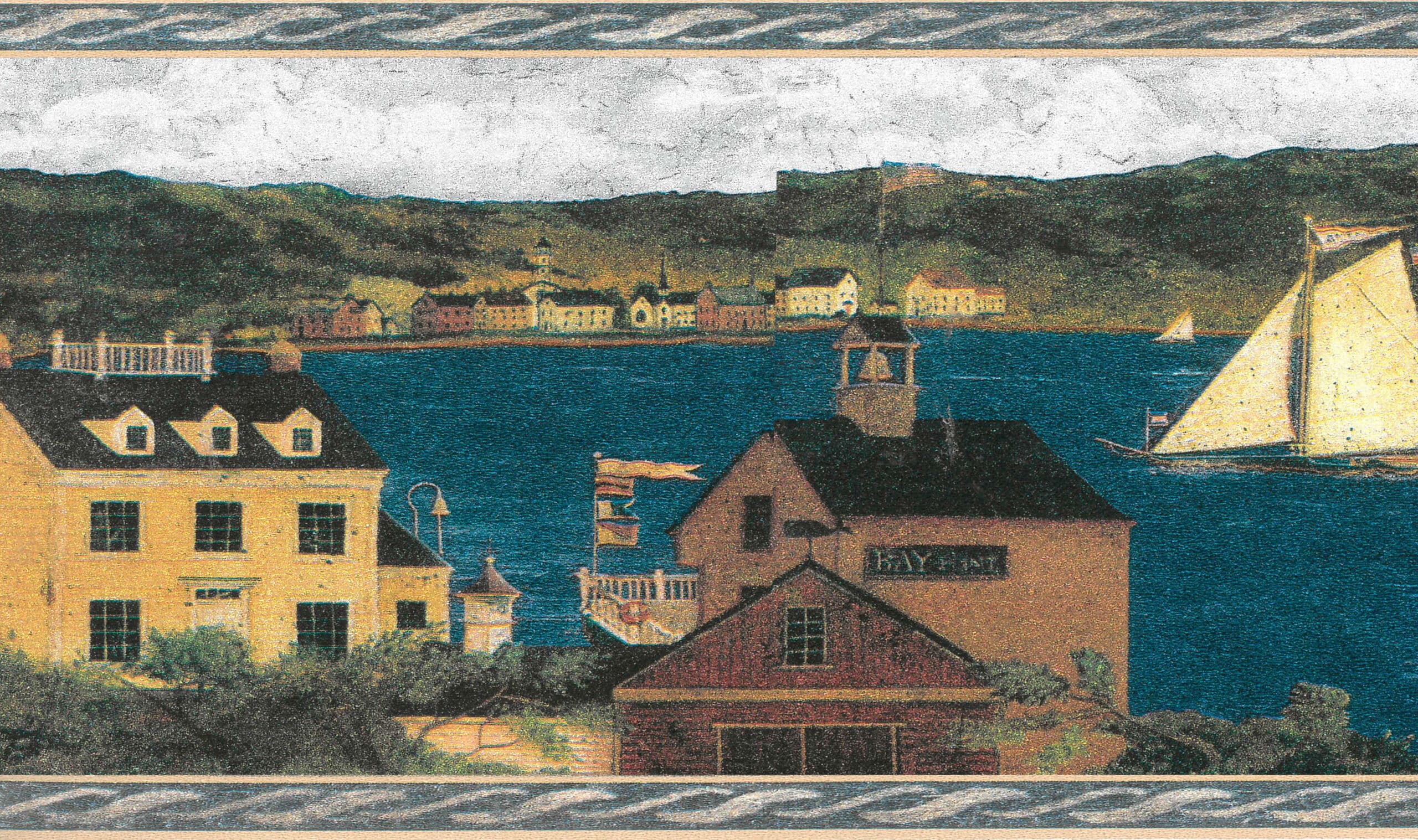 Prepasted Wallpaper Border - Country Blue, Beige, Green Lighthouse, Sa