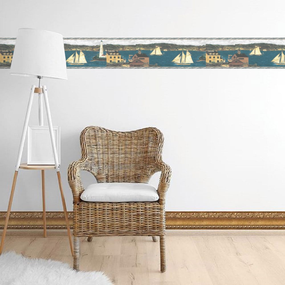 Prepasted Wallpaper Border - Country Blue, Beige, Green Lighthouse, Sa