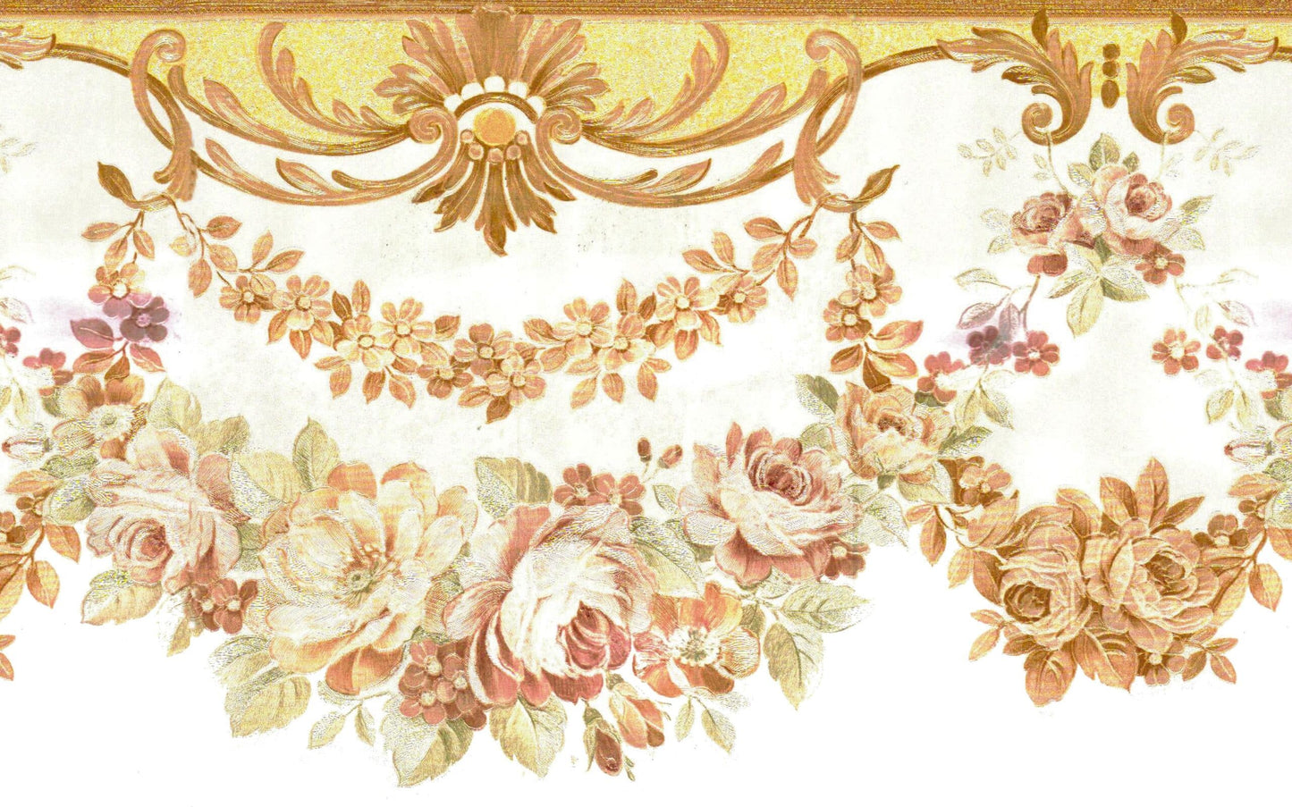 Prepasted Wallpaper Border - Floral Beige, Purple, Grey Flower Garlands Scalloped Wall Border Retro Design, 15 ft x 6.7 in (4.57m x 17.02cm)