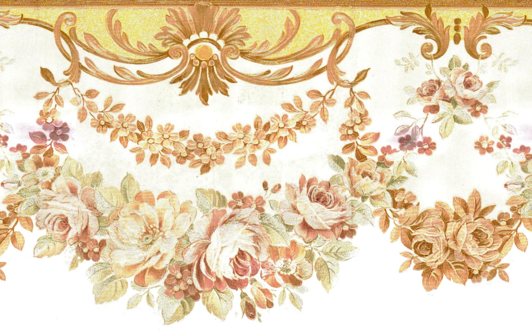 Prepasted Wallpaper Border - Floral Beige, Purple, Grey Flower Garlands Scalloped Wall Border Retro Design, 15 ft x 6.7 in (4.57m x 17.02cm)