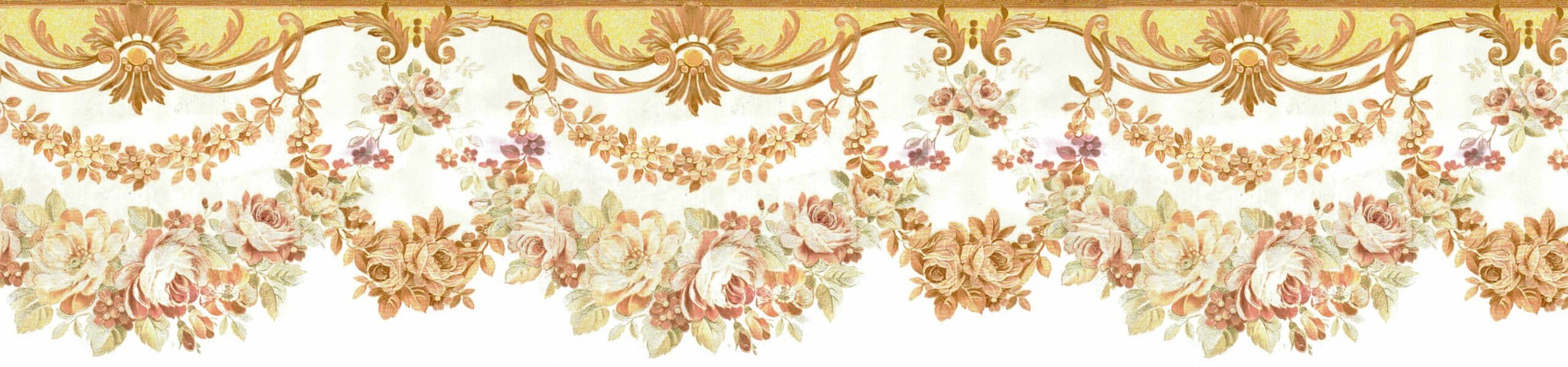 Prepasted Wallpaper Border - Floral Beige, Purple, Grey Flower Garlands Scalloped Wall Border Retro Design, 15 ft x 6.7 in (4.57m x 17.02cm)