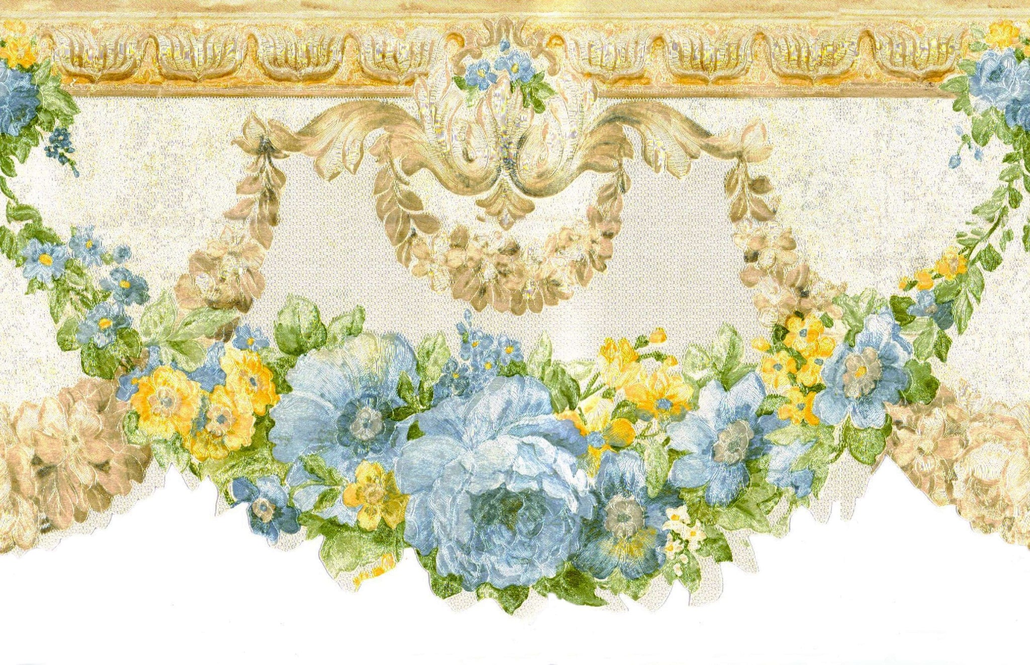 Prepasted Wallpaper Border - Floral Green, Blue, Yellow, Pearl Flower Garlands Scalloped Wall Border Retro Design, 15 ft x 6.25 in (4.57m x 15.88cm)