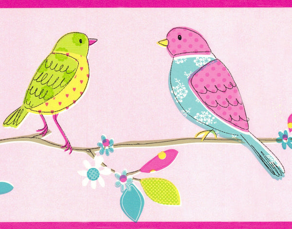 Prepasted Wallpaper Border - Kids Pink, Green, Yellow, Blue Birds, Flowers Wall Border Retro Design, 15 ft x 7 in (4.57m x 17.78cm)