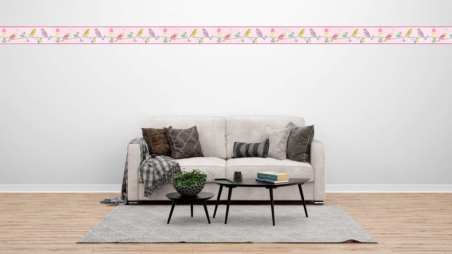 Prepasted Wallpaper Border - Kids Pink, Green, Yellow, Blue Birds, Flowers Wall Border Retro Design, 15 ft x 7 in (4.57m x 17.78cm)