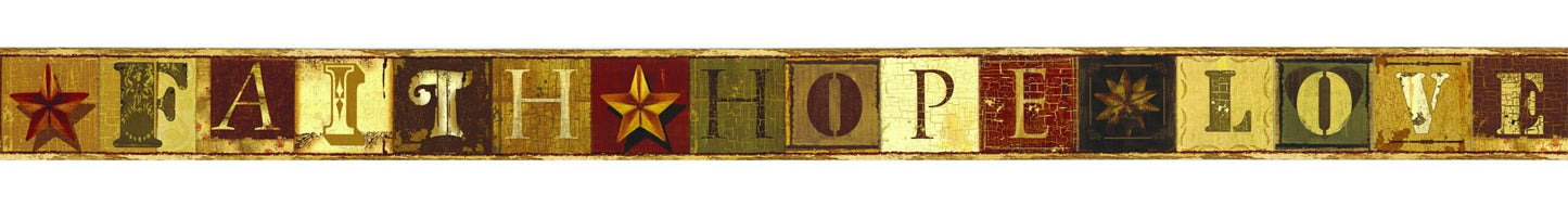 Prepasted Wallpaper Border - Patriotic Brown, Beige, Burgundy Faith, Hope, Love Wall Border Retro Design, 15 ft x 4 in (4.57m x 10.16cm)