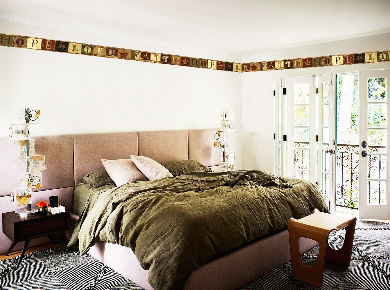 Prepasted Wallpaper Border - Patriotic Brown, Beige, Burgundy Faith, Hope, Love Wall Border Retro Design, 15 ft x 4 in (4.57m x 10.16cm)