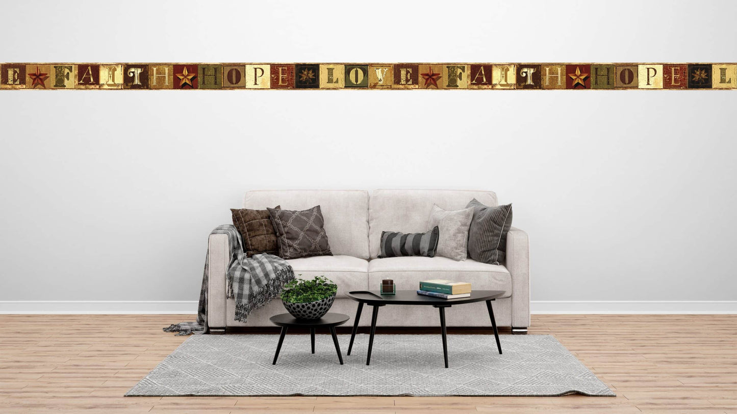 Prepasted Wallpaper Border - Patriotic Brown, Beige, Burgundy Faith, Hope, Love Wall Border Retro Design, 15 ft x 4 in (4.57m x 10.16cm)