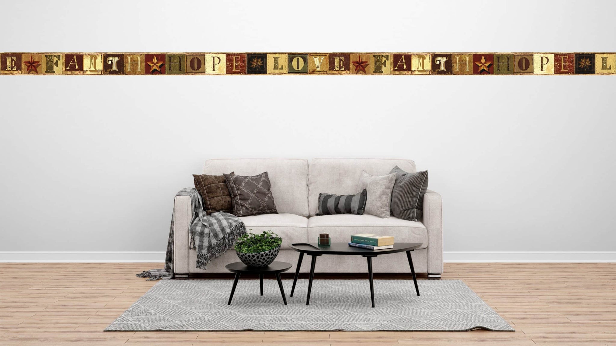 Prepasted Wallpaper Border - Patriotic Brown, Beige, Burgundy Faith, Hope, Love Wall Border Retro Design, 15 ft x 4 in (4.57m x 10.16cm)