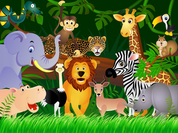 Cartoon Jungle Animals Multicolor Wall Mural 142 in x 106 in