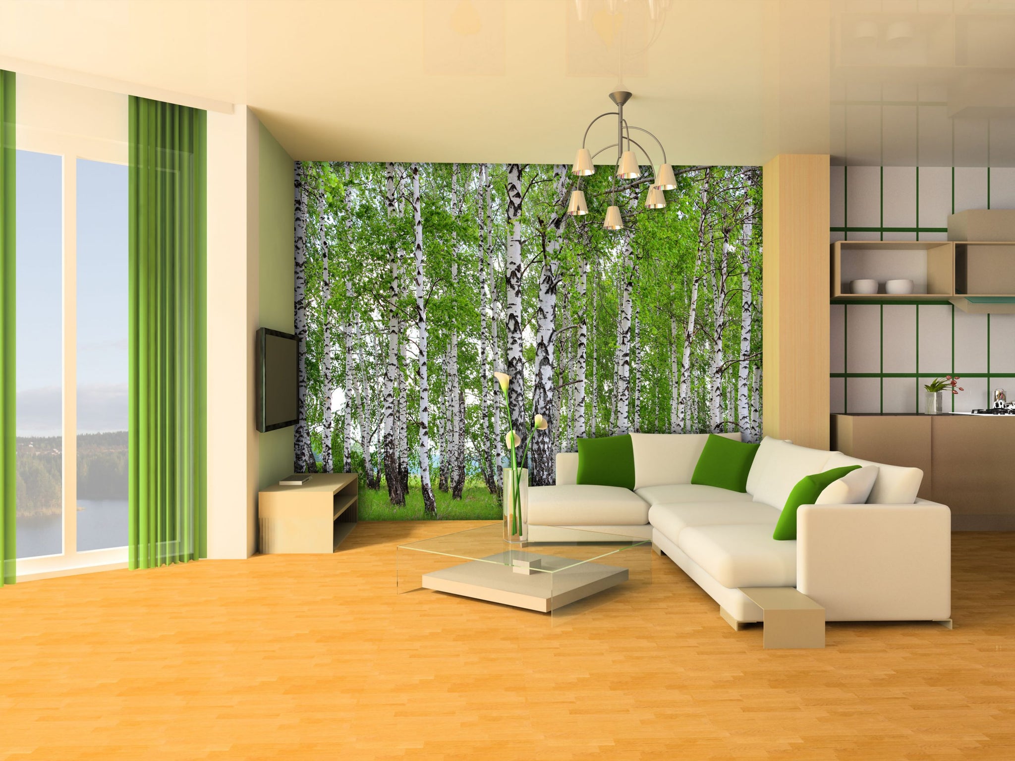 Sunny Birch Forest Green Brown White Wall Mural 142 in x 106 in