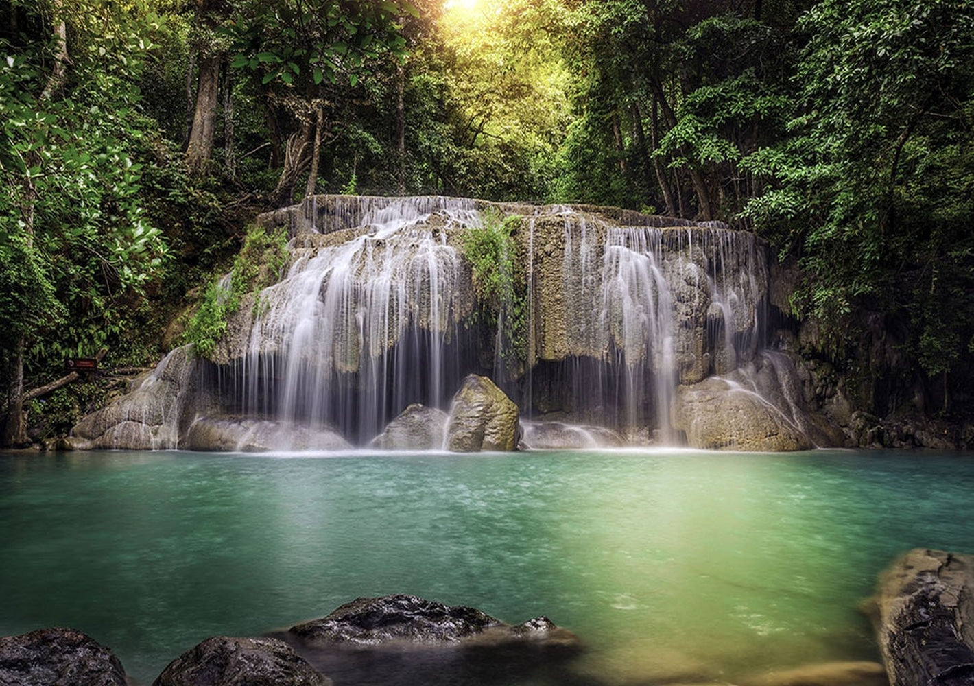 Waterfall and Lake in the Forest Brown Green Wall Mural 142 in x 106 in