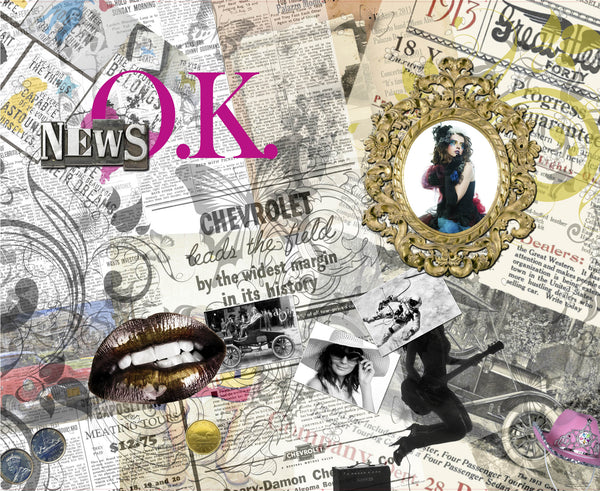 Newspaper Mix Women Grey Beige Yellow Wall Mural 142 in x 106 in