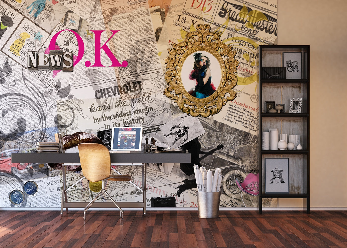 Newspaper Mix Women Grey Beige Yellow Wall Mural 142 in x 106 in