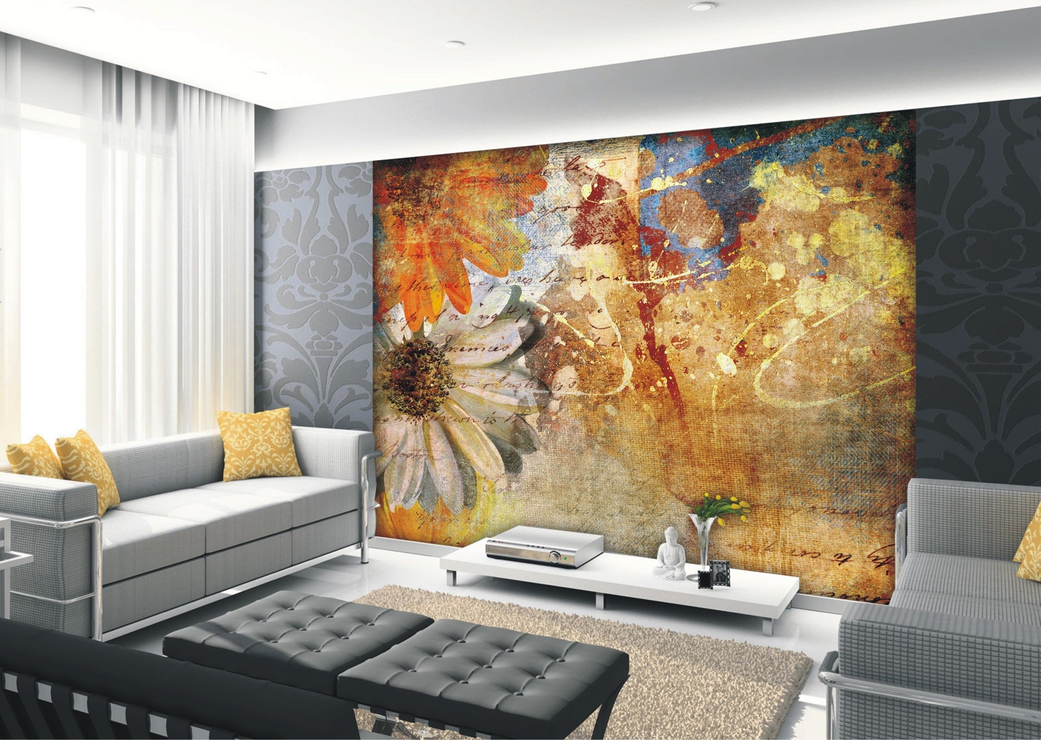 Flowers Painting Orange Yellow Beige Wall Mural 142 in x 106 in