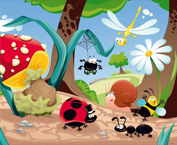 Cartoon Bee, Snail, Ladybug, Ant Multicolor Wall Mural 142 in x 106 in