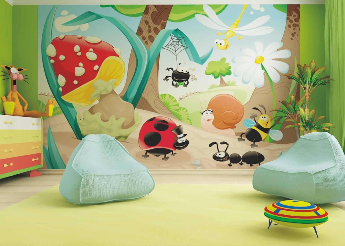 Cartoon Bee, Snail, Ladybug, Ant Multicolor Wall Mural 142 in x 106 in