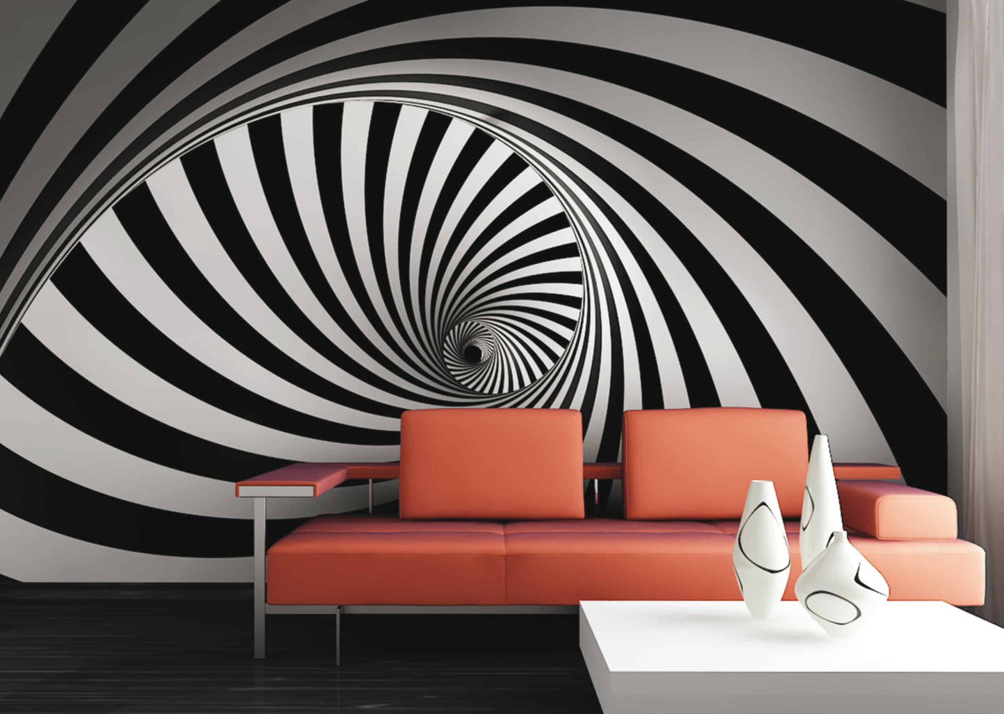 Infinite Spiral Black White Wall Mural 142 in x 106 in